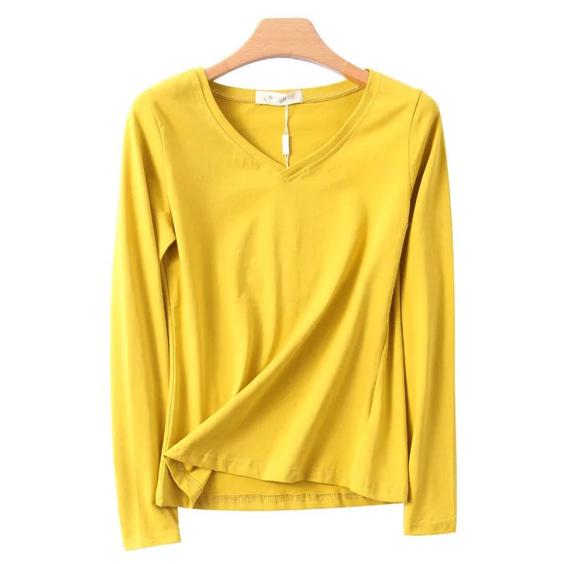 

XUXI Autumn Women T-shirt V-Neck Stripe Long Sleeve Girl Sweatshirt Tops Female Blusas Shirt Casual Cotton Blend Shirt FZ126