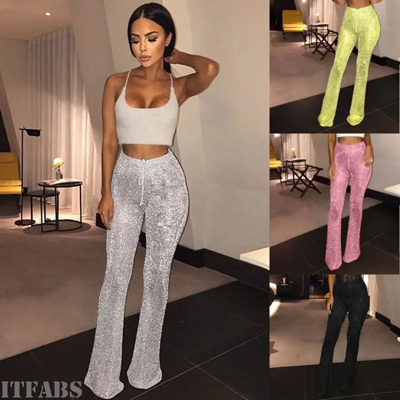 

Sequins Trousers Women Sparkle Metallic Pants Women Bandage Sequined Pants Woman Trousers Stretch Wide Leg Long Pant High Waist
