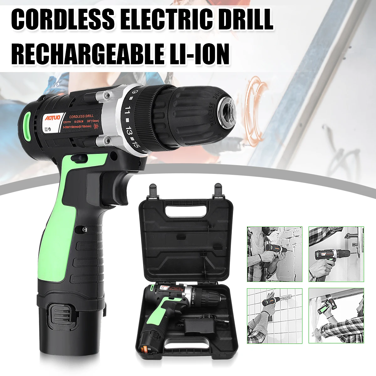 

12V Battery Rechargeable Cordless Electric Drill Screwdriver Tool With LED Light Power Tools For Wool Working With Power Cable