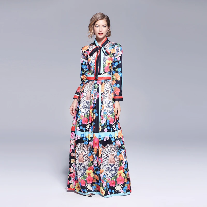 

Runway Designer Back Lion Floor-Length Maxi Dress 2019 Fall Women Bow Tie Collar Hit Color Flower Printing Swing Pleated Dress