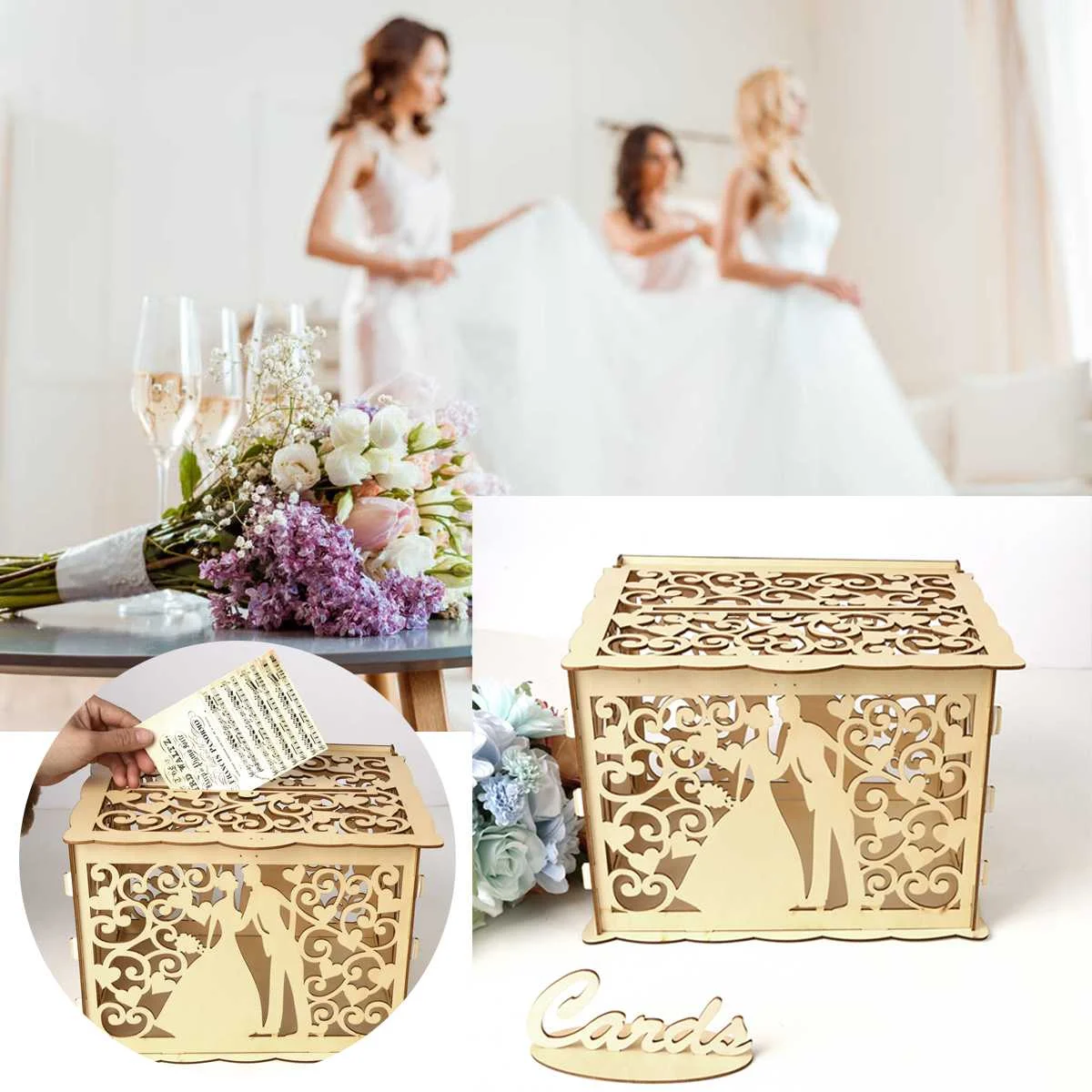 

Multi-pattern 30*24*22.5CM DIY Wedding Gift Card Box Wooden Money Box with Lock Beautiful Wedding Decoration Supplies for Party