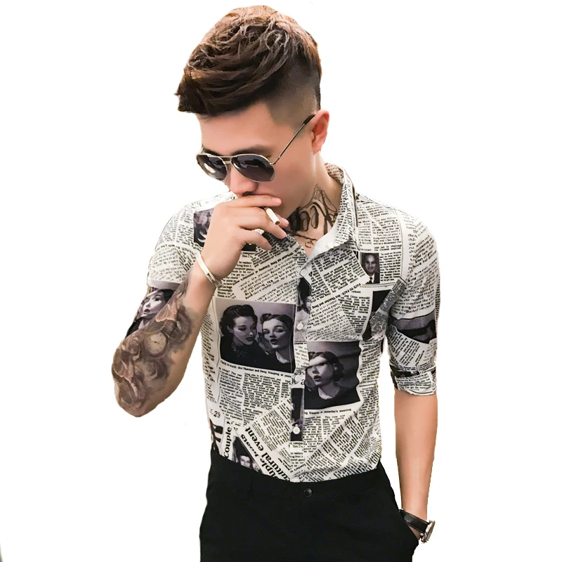 

2019 Brand New Arrival 100% Polyester Fashion Man Newspaper Printing Shirt Men Print Long Short Sleeved Male Slim Fit Clothing