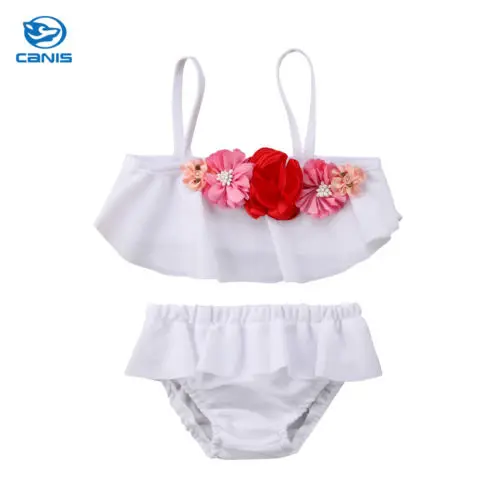 Летний милый белый милый детский комплект бикини для купания с 3D цветочным рисунком, купальный костюм