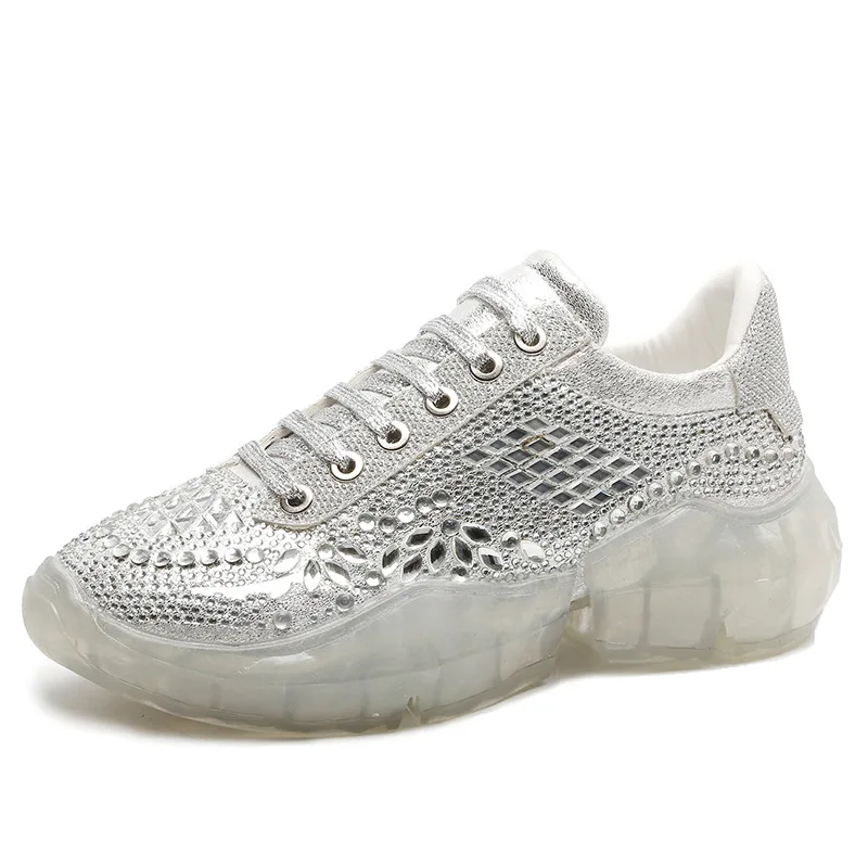 

2019 Spring Autumn Thick Bottom Chunky Rhinestone Women Platform Shoes Fashion Casual Sneaker Femme Vulcanized Shoe WV001