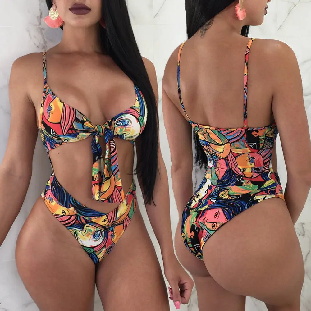 

Ladies One Piece Swimsuit Women Triquini Swimwear Swim Beach Wear Print Bandage Cut Out Trikini Monokini Swimming Bathing Suit