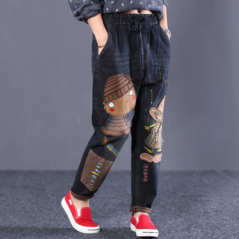 Harajuku Embroidery National Wind Hole Jeans Printing Cartoon Jeans Elastic Waist Harem Pants Radish Denim Harem Pants Plus Size Harajuku Embroidery National Wind Hole Jeans Printing Cartoon Jeans Elastic Waist Harem Pants Radish Denim Harem Pants Plus Size
