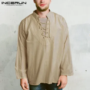 

INCERUN Mens Tee Tops Long Sleeve Lace V Neck Top Clothing Camisa Shirts