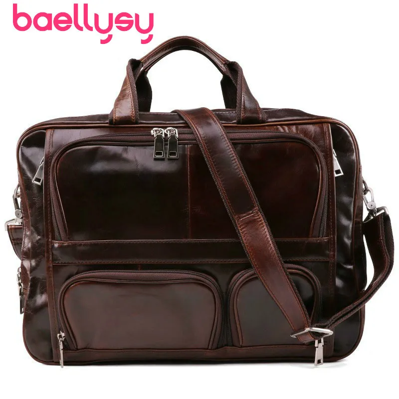 

High-quality Mens Briefcase 15" Laptop Bags Business Large Capacity Travel Bag Genuine Leather Shoulder Bags Travel Bags Bolso