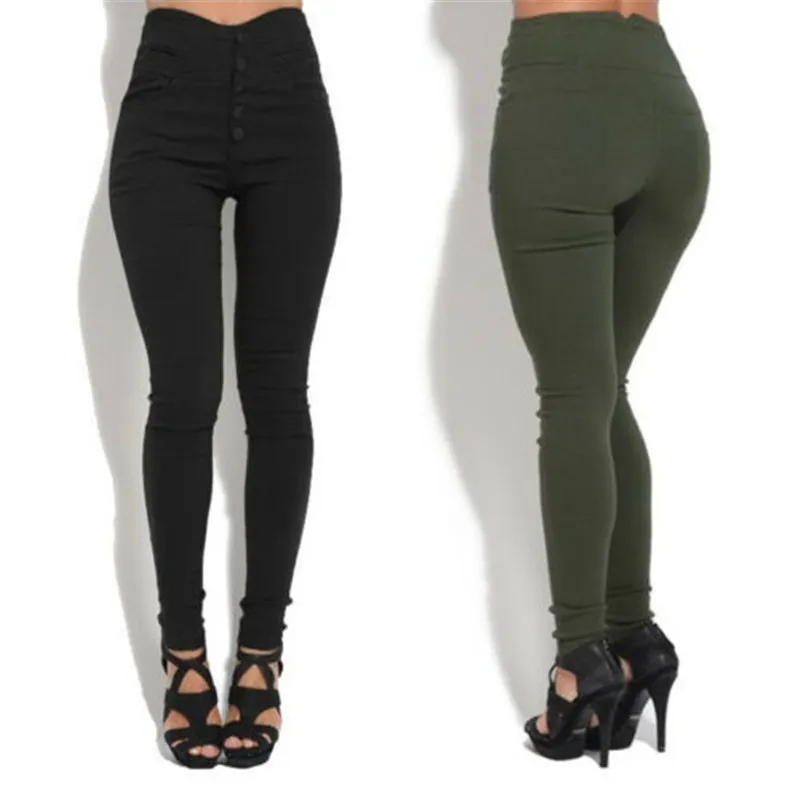 Модные женские обтягивающие брюки-карандаш с высокой талией, обтягивающие брюки, стильные женские длинные брюки на пуговицах черного/армейского зеленого/коричневого цвета
