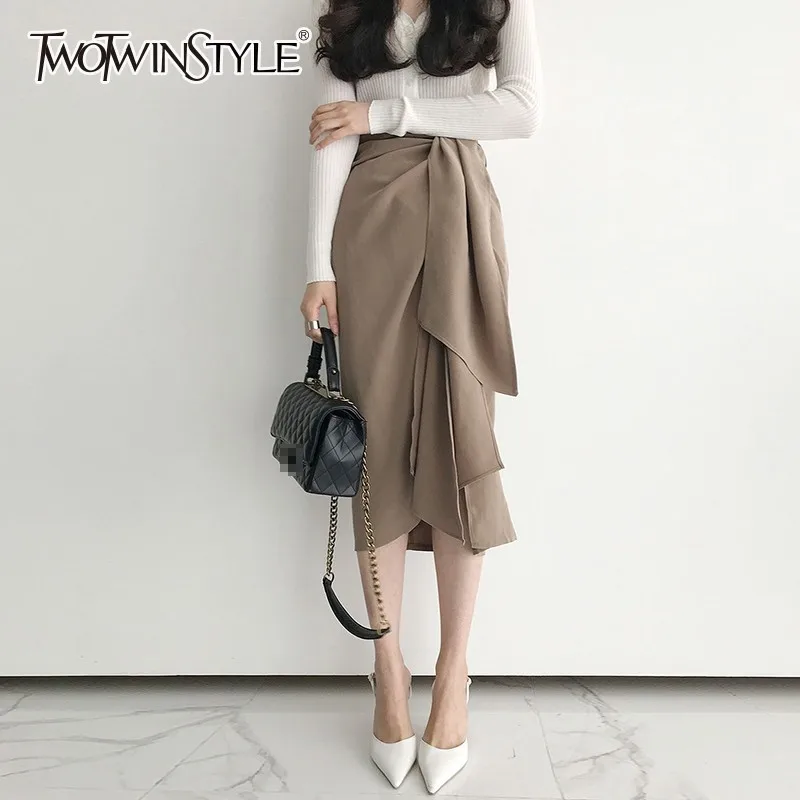 

TWOTWINSTYLE Casual Skirt For Women High Waist Bandage Asymmetrical Midi Skirts Female Korean Fashion Elegant 2019 Spring