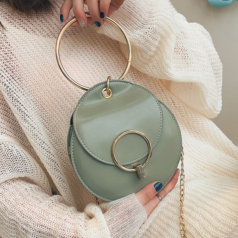 

[Super Seabob]Woman 2019 Stylish Green Color Round Handle Single Chain Portable PU Leather Circular Handbag Messenger Bag LM362