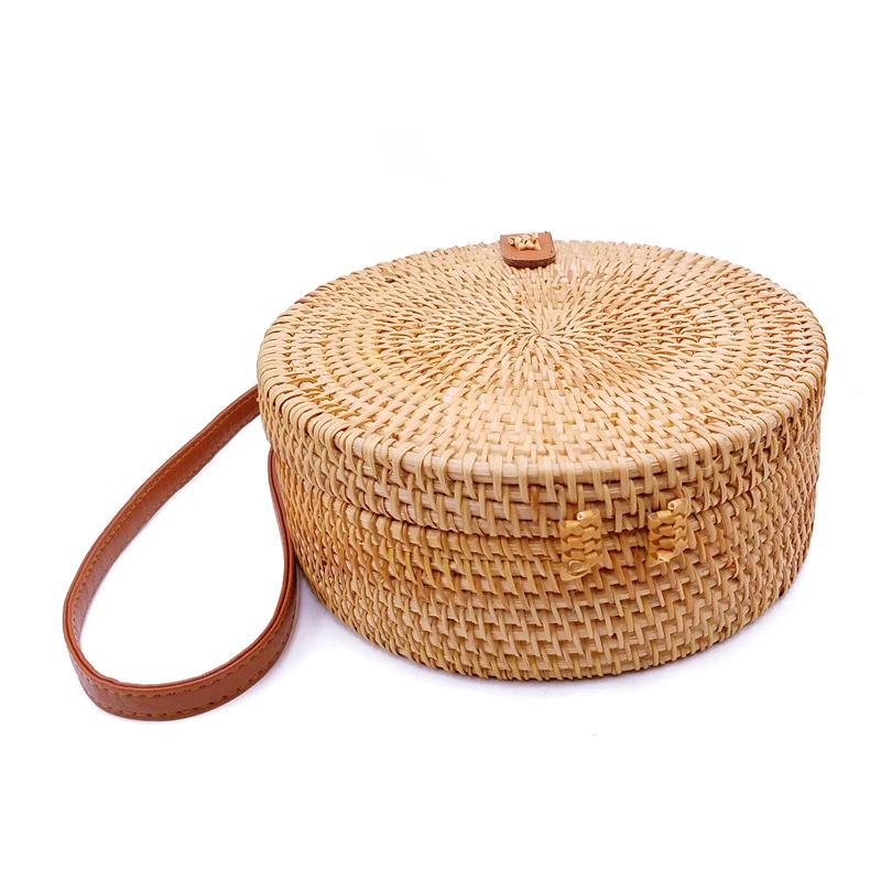 

NEW-Bohemian Bali Rattan Bags For Women Small Circle Beach Handbags Summer Vintage Straw Bag Handmade Messenger Bag(18x8Cm)