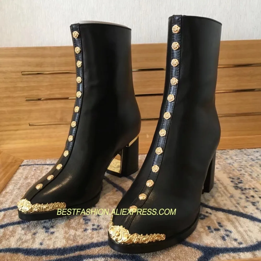 

Hot Autumn Winter Shoes Woman Genuine Leather Boots Metal Decor Round Toe Square High heels Woman Knight Boots Zapatos Mujer