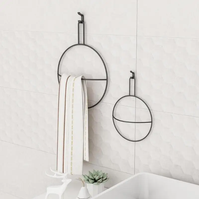 

Simple Round Shape Metal Bathroom Towel Hanging Holder Modern Style Wall Mounted Hanger Rack Towel Storage Organizer Home Decor