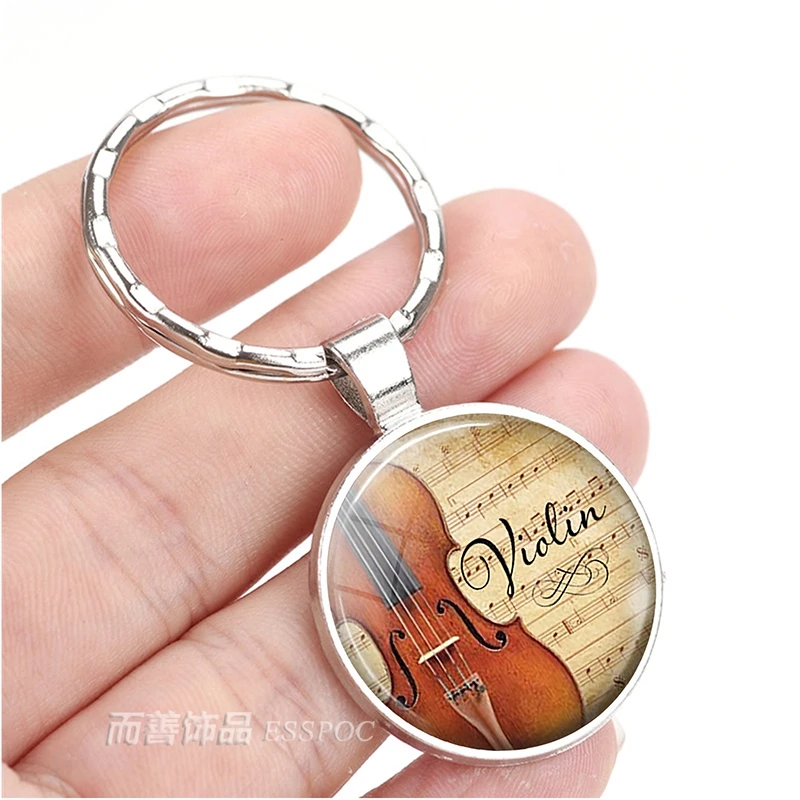 

Violin and Music Silver Color Key Chain Musician Art Glass Dome Pendant Keychain Jewelry Accessories Key Ring Women Gift