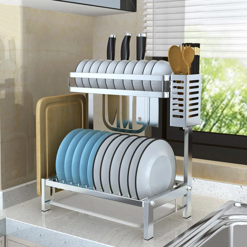 

304 Stainless Steel Kitchen Dish Rack Drain Holder 2 Layer To Dry Dishes Bowls Storage Rack Knife Holder Kitchen Organization