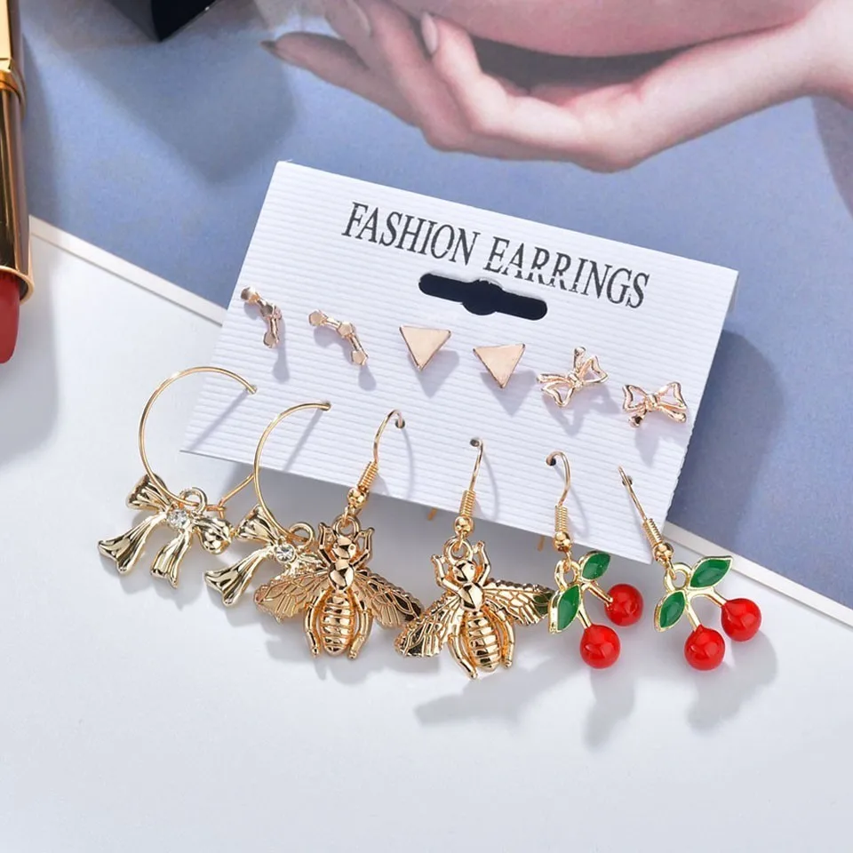 

6 Pairs/set New Fashion Drop Earrings For Women Bees Bowknot Cherry Earrings Trendy Earrings Handmade Earring Wedding Jewelry
