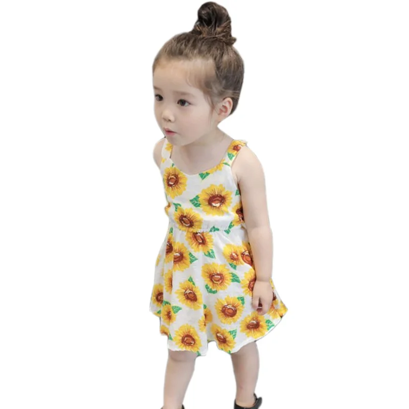 Summer Flower Girl Dress Sunflower Print Sleeveless Backless Floral
