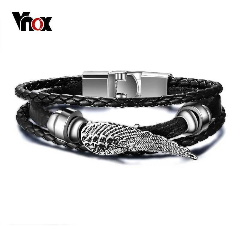 

Vnox Black Braided Multi-Layers Leather Bracelet Rock Feather Design Charm Chain 8.6"