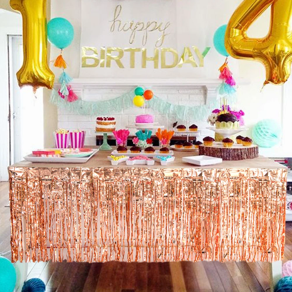 Green PUZINE 30*108Metal Foil Edge Table Skirt Purple Metal Foil Party Table Skirt 108 x 30 Wire Background Party Wedding Dress Table Skirt