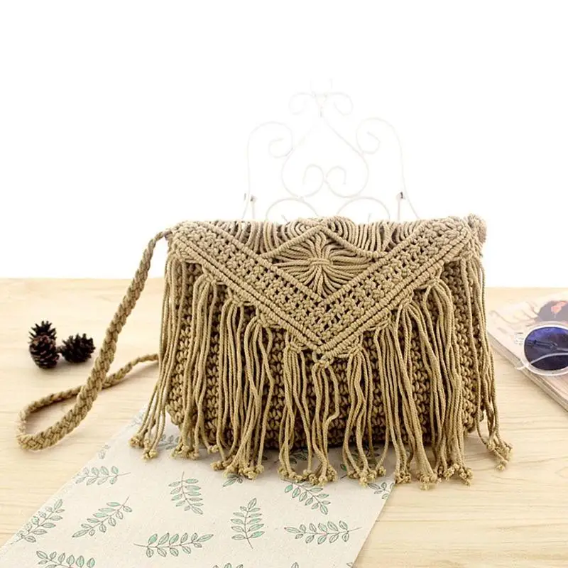 

Sweet Woven Vintage Tassel Flap Shoulder Handbags Women Purely Hand-made Solid Color Crossbody Bag Coffee Ivory Army Green