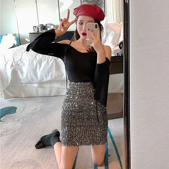 

New Pattern Temperament Thin Sparkle Paillette High Waist A-Line Half-body Skirt Woman