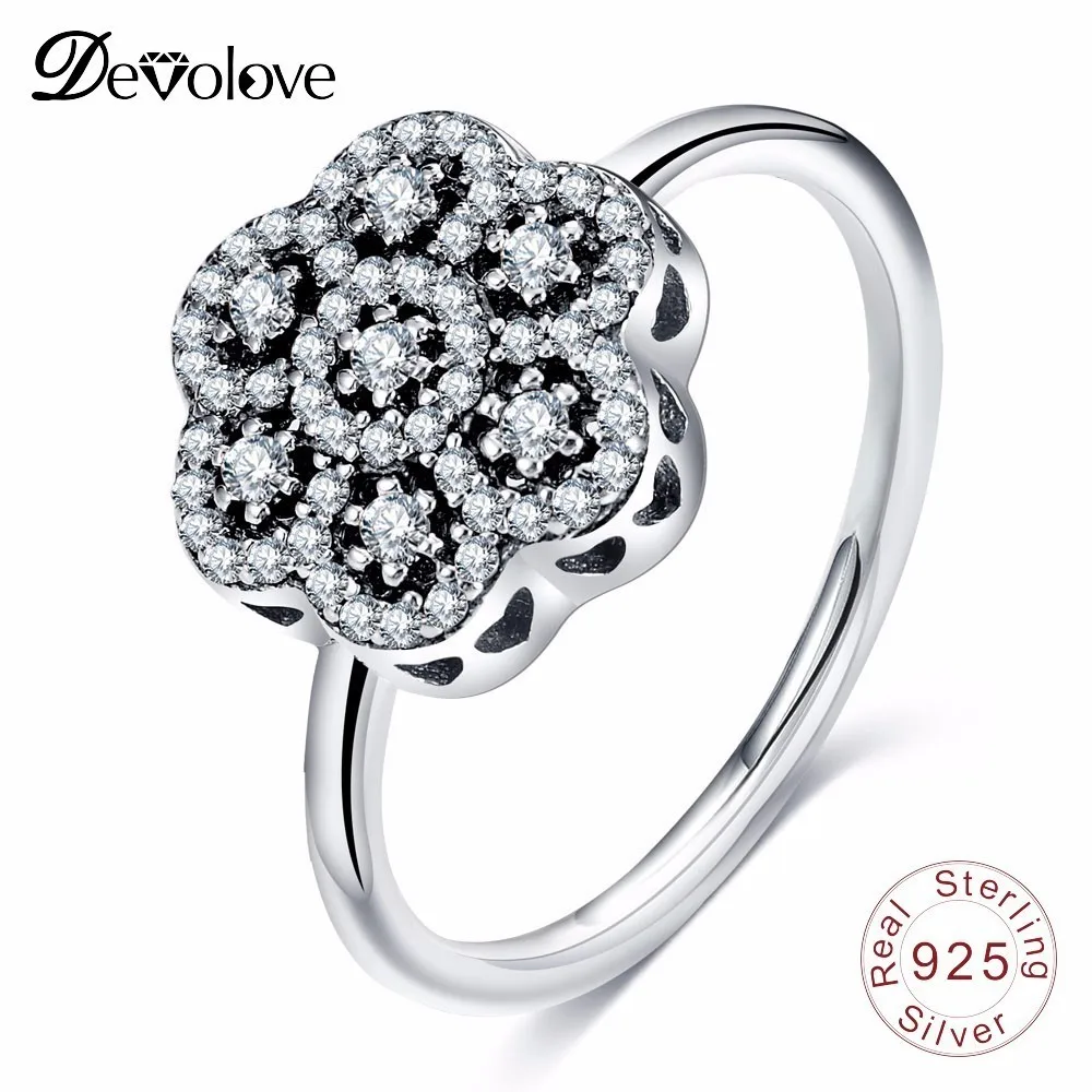 

DEVOLOVE Luxury Flower Rings 925 Sterling Silver Dazzling Cunbic Zircon Floral Ring For Women anillos PSRI0119-B Dropshipping