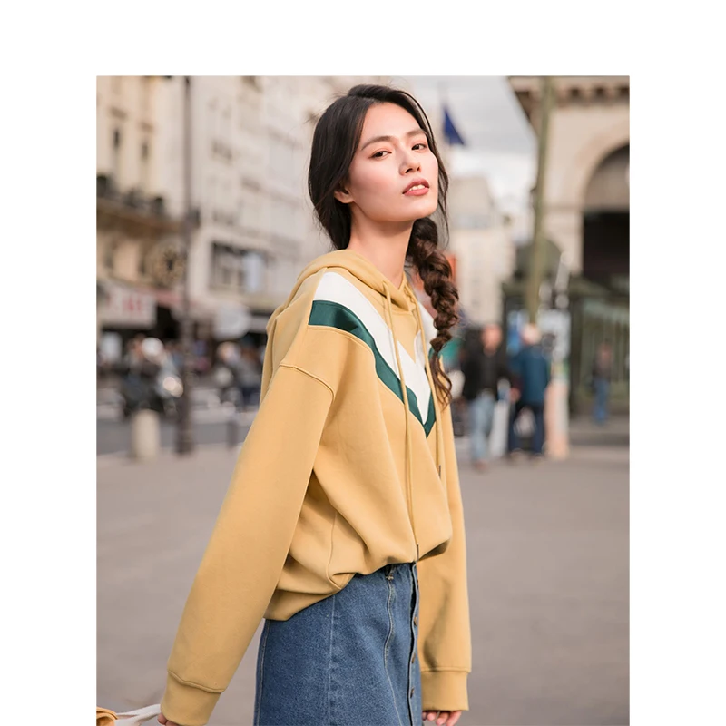  INMAN Spring Hooded Drawstring V Pattern Print Causal Loose Style Women Fashion Girl Sweatshirt