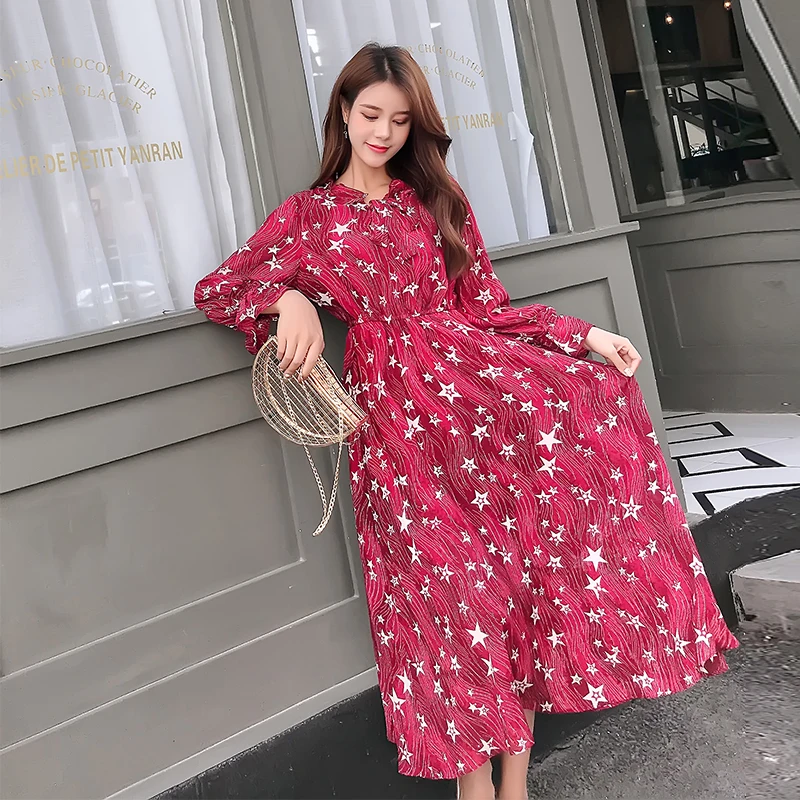 Korean Fashion Chiffon Dress Spring Summer Fashion Women Long Sleeve