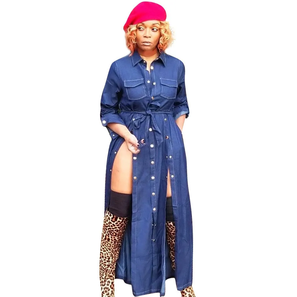 2019 Women Button Denim Dress Sexy Ladies Belt Jeans Long Shirt Dress Long Sleeve High Split Jeans Dress