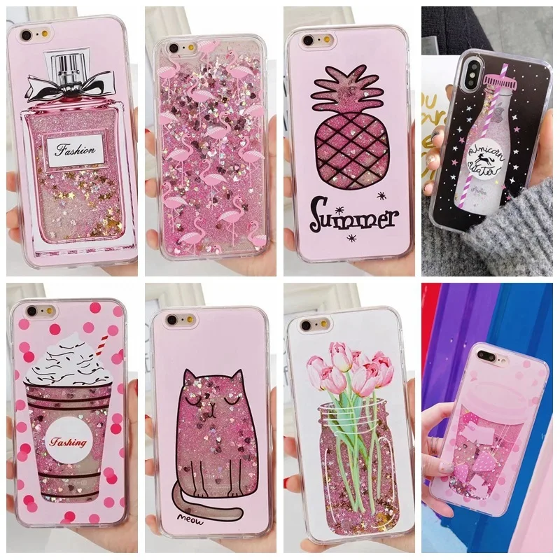 

Pineapple Flamingo Quicksand Cover Case For iPhone 6S 7 8 Plus XS Max XR Lipstick Perfume Bottle Dynamic liquid Capa Phone case