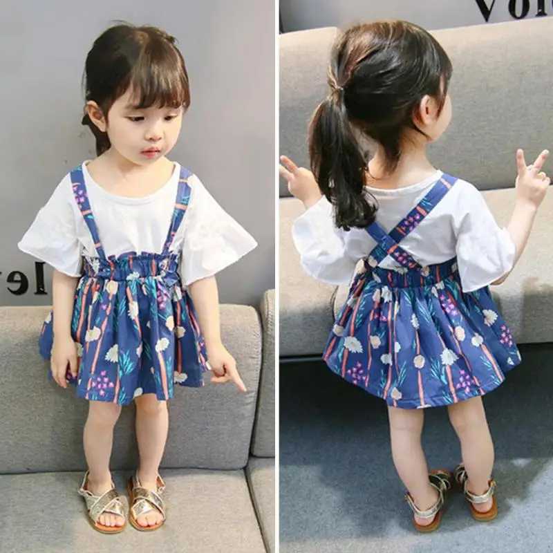 Cute Girls Clothes Set 2pcs Short Sleeve T shirt Floral Print Overall