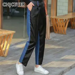 CHICEVER лоскутное джинсовой брюк для Для женщин Высокая Талия ботильоны из искусственной кожи Длина брюки женские корейской моды уличная