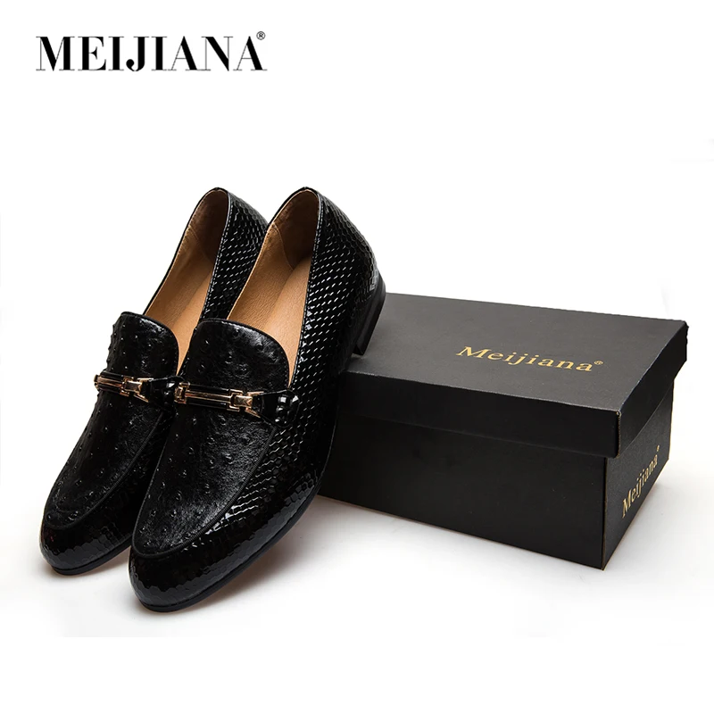 

MEIJIANA Wedding Shoes Luxury Brand Loafers Metal Strip Decoration Casual Leather Black and Red Men Shoes