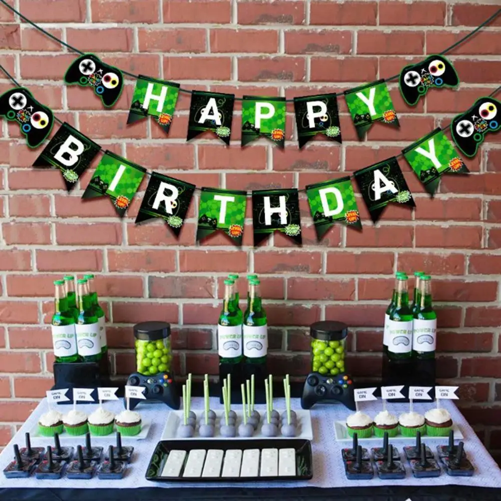 Video Game Happy Birthday Banner, Gaming Party Supplies With Game On & Level Up Pictures, Party Favors Decorations For Boys