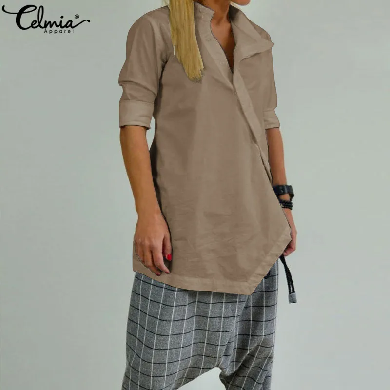 Celmia Vintage Linen Blouses Women Tops 2019 Autumn Femme Long Sleeve Asymmetric Button Down Shirts Loose Casual Blusas Feminina - 32969922751