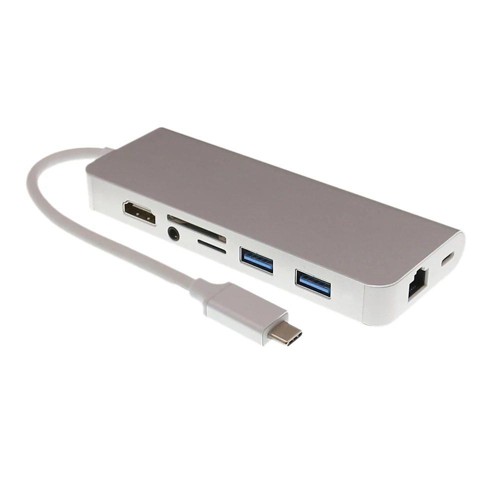 

HFES 8 in 1 USB C Type C HUB to 4K HDMI 3.5mm Audio RJ45 SD TF Card Reader Type C PD Charging Adapter for Macbook