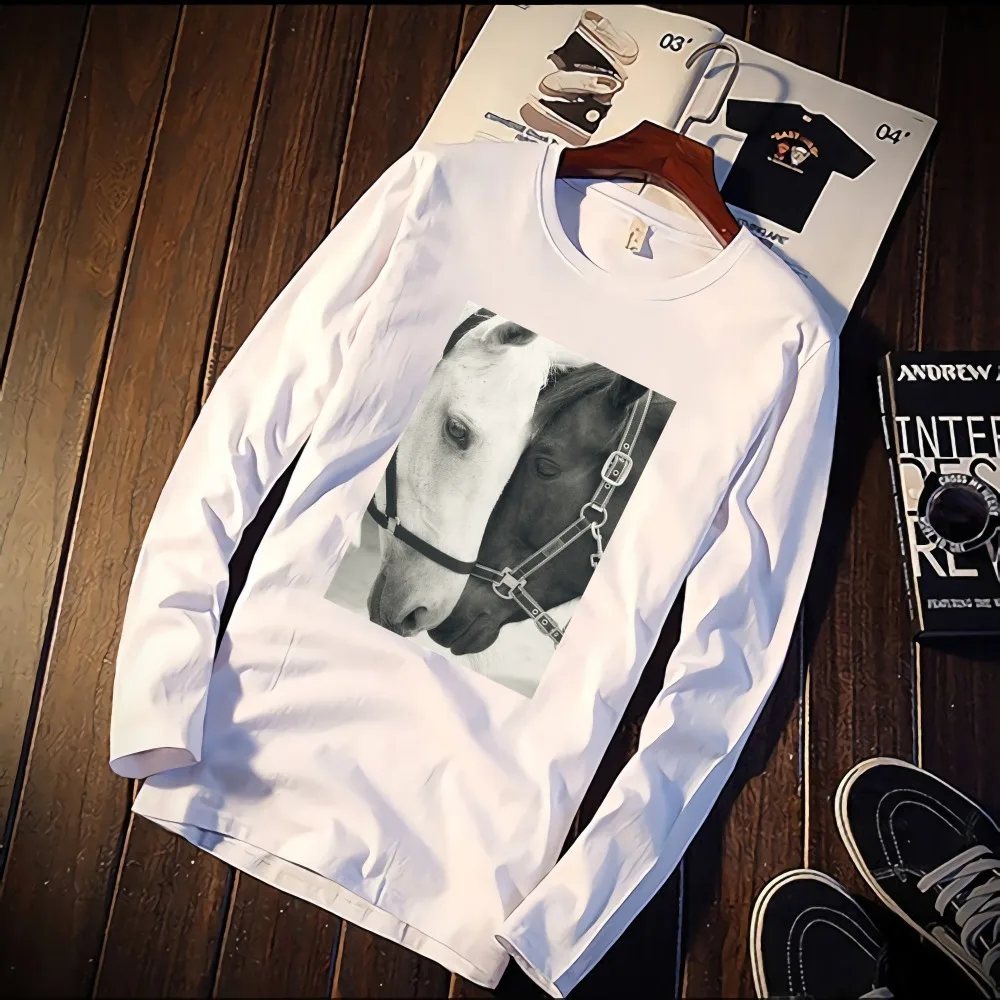 

New Long Sleeve T Shirt Unisex Black And White Horse Nordic Print 100% Cotton Top Tee Casual O Neck Streetwear Clothing