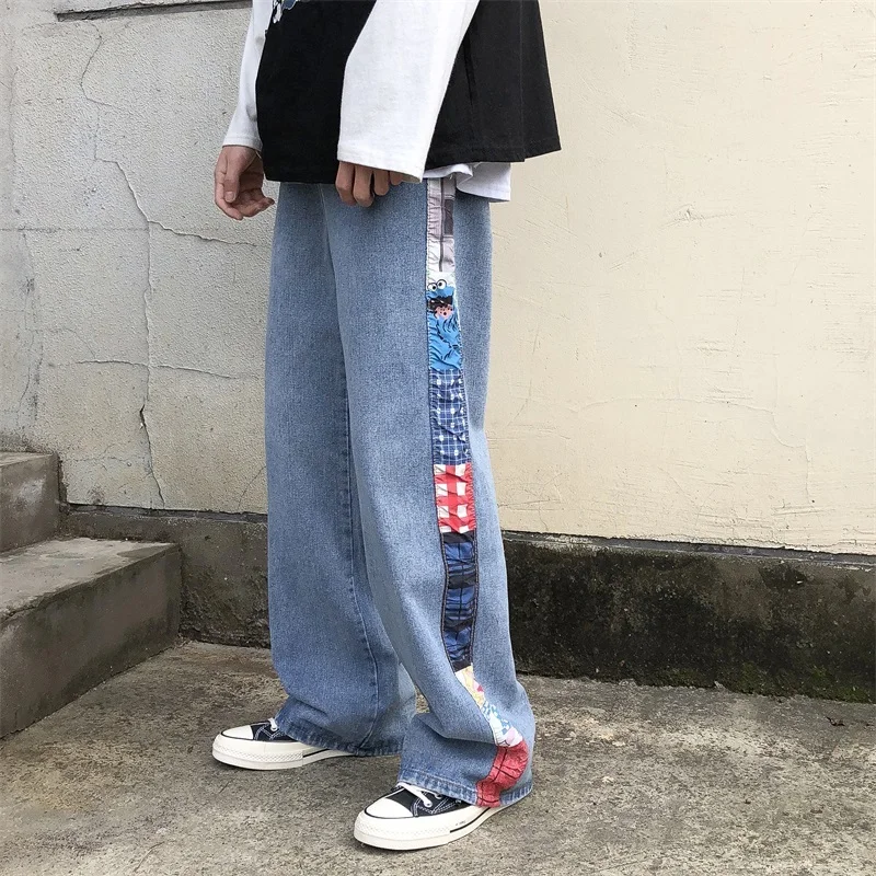 

2019 spring men's wide tube hit color Korean version of the trend of denim casual pants streetwear jean calca masculina Fashion