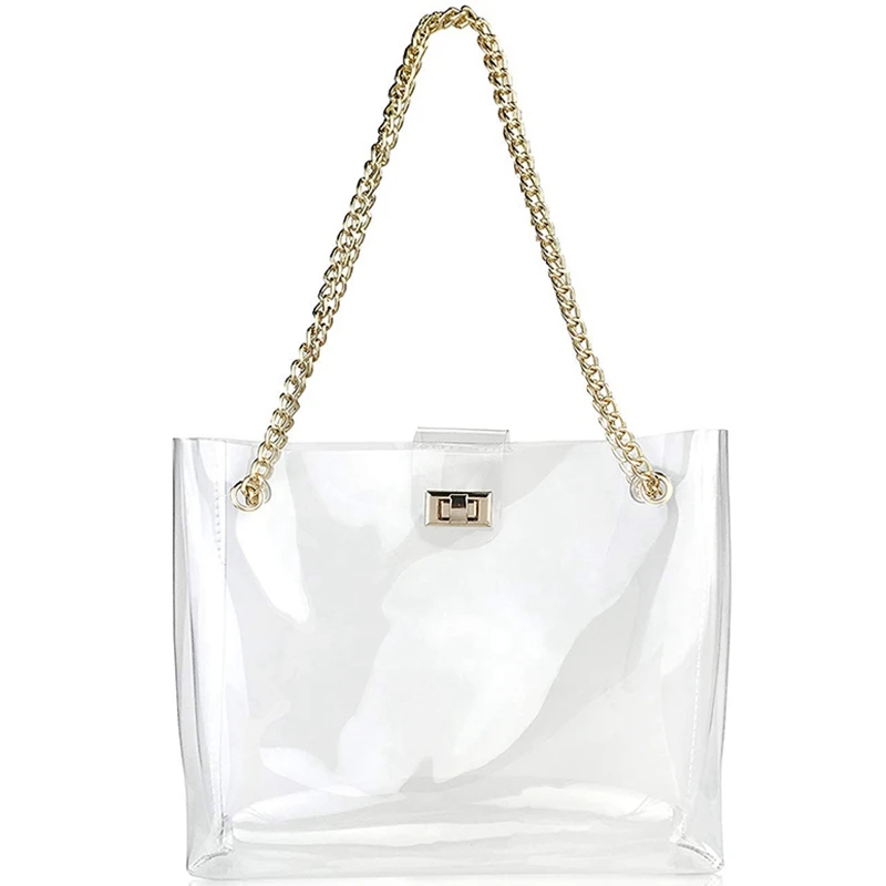 Multifunction Clear Chain Tote With Turn Lock Womens Shoulder Handbag, Clear