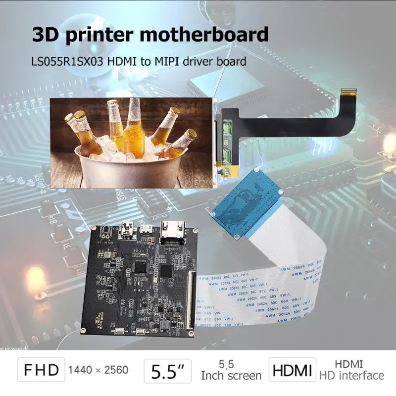 

5.5 Inch 2560*1440 LCD Module Screen Display+HDMI to MIPI Driver Controller Board for 3D Printer Replacement for LS055R1SX03