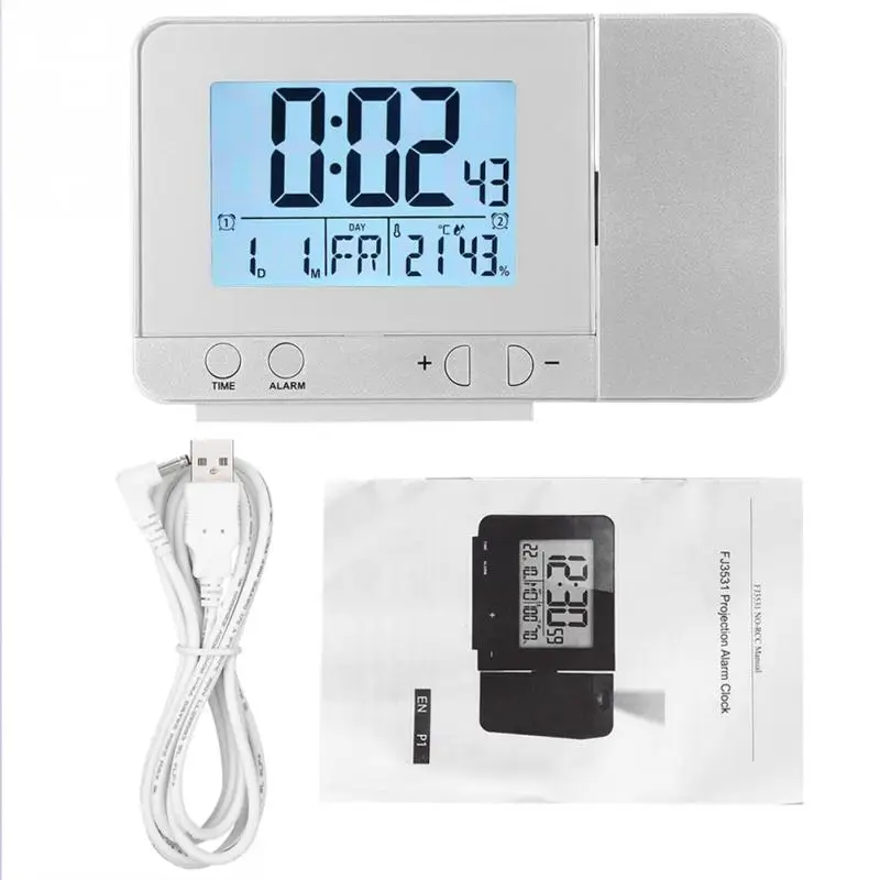 

Silver LED Multifunction Projection Digital Alarm Clock Temperature USB