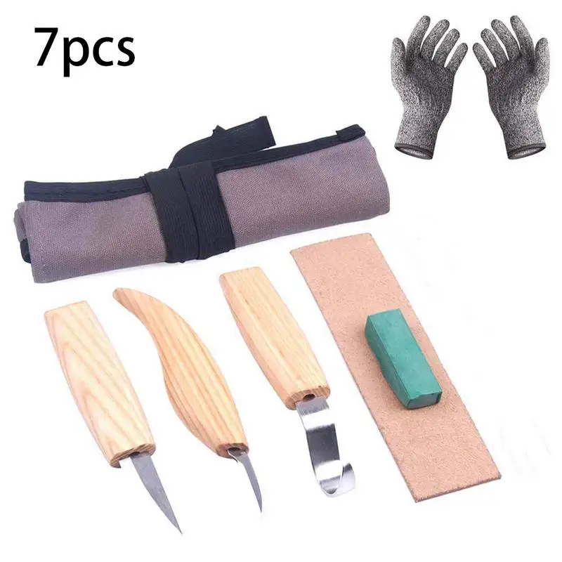 

7PCS High Manganese Steel Material Carving Tools Set Cutter Spoon Sharpen Leather Wax Cut-proof Gloves For Woodworking Craft