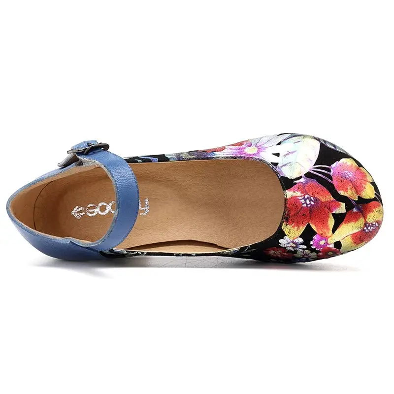 Socofy/женские туфли-лодочки из натуральной кожи в стиле ретро; сезон весна-осень; женские туфли на высоком квадратном каблуке с ремешком и пряжкой на щиколотке с цветочным принтом
