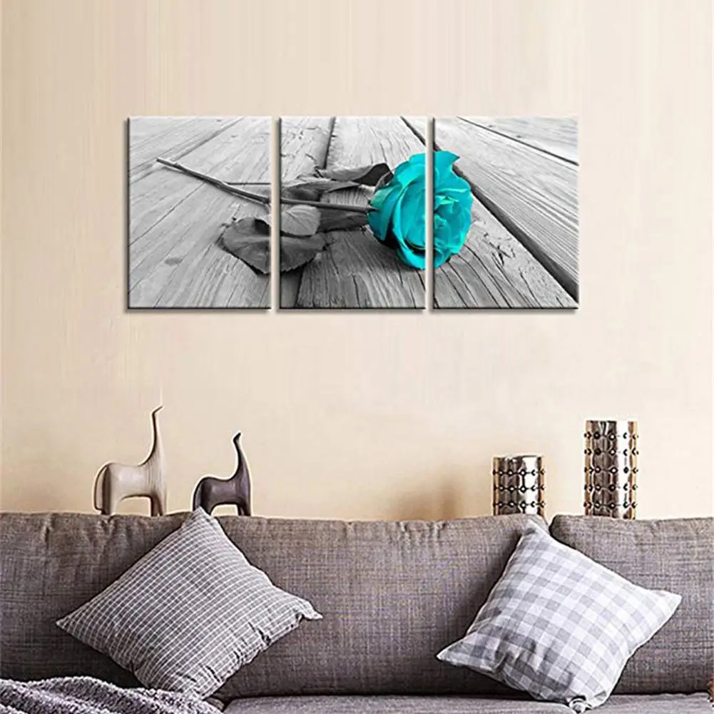 

3 Panel Canvas Modular Paintings Rose Wall Art Teal Floral Flower Black White Oil Painting Artwork Pictures For Home Decor