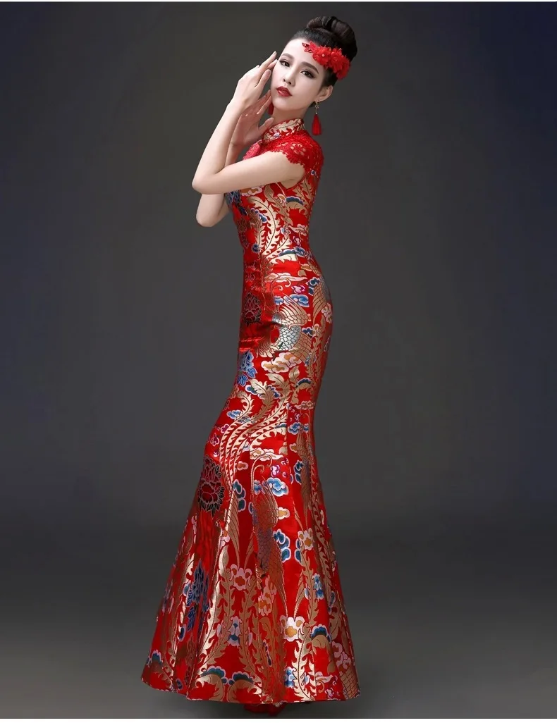 Китайские вечерние платья Cheongsam красные полые спинки атласные дракон феникс Ципао вечернее летнее рыбий хвост длинное свадебное платье