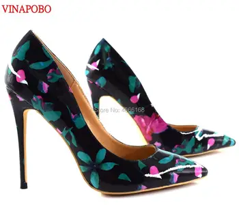 

Vinapobo New Fashion Floral Print Patent Leather Women Pumps Extreme High Heels Stiletto Pointed Toe Slip On Lady Dress Shoes