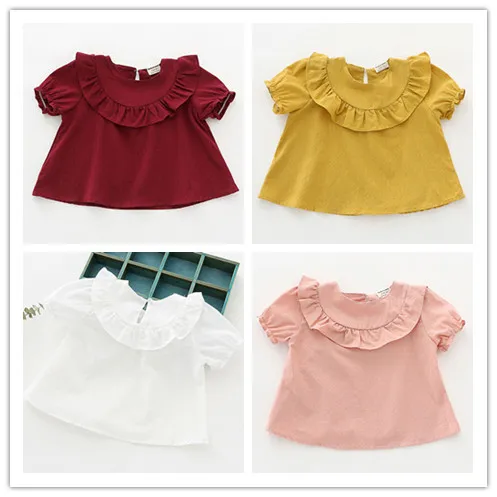 

Toddler Girl Tops Shirts Summer White Red Yellow Color Baby Girls Princess Blouses Cute Shorts Sleeve Ruffle Tops Kids Clothes