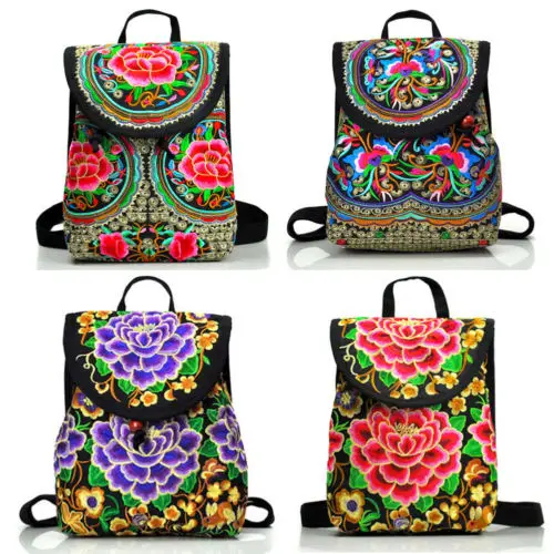 

Women's Floral Embroidered Backpack Ethnic Travel Bookbag Shoulder Bag Two Size Ladies Floral Backpacks Female