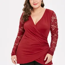 ROSEGAL размера плюс Кружева Сплайсированные V шеи обернуть тройник Женская футболка сплошной цвет Ruched молнии футболка с длинным рукавом женская верхняя одежда